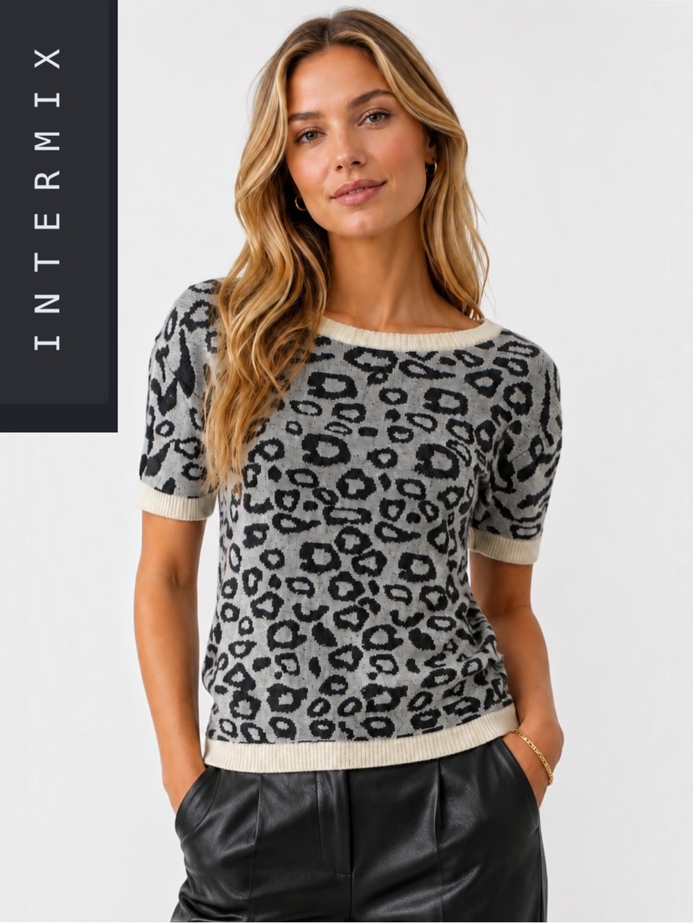 Intermix Animal Leopard Print Short Sleeve Knit Sweater Gray Black Ivory Size S